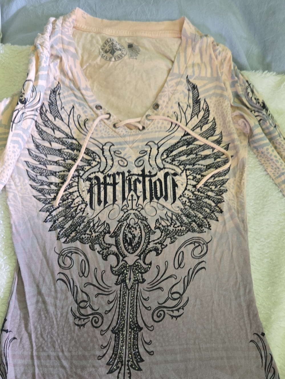 Affliction Women's Lace-Up Graphic Long Sleeve Top - Light Pink with Black Print